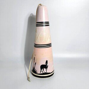 Vintage Native American Southwestern Ceramic Bell With Wolf & Cactus Design